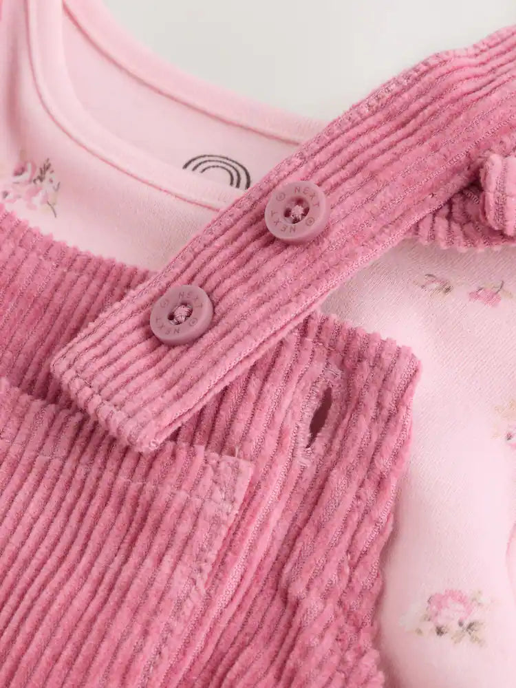 |BabyGirl| Conjunto De Bebê De 2 Peças: jardineira e Body Rosa De Veludo Cotelê (0 meses a 2 anos)