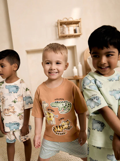 |Boy| Conjunto De 3 Pijamas Curtos Com Estampa Animal Nas Cores Marrom, Creme e Verde-sálvia (9 meses a 8 anos)