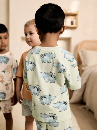 |Boy| Conjunto De 3 Pijamas Curtos Com Estampa Animal Nas Cores Marrom, Creme e Verde-sálvia (9 meses a 8 anos)
