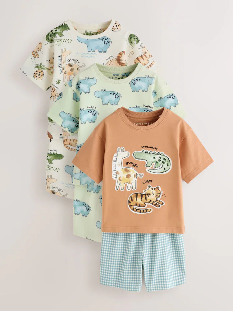 |Boy| Conjunto De 3 Pijamas Curtos Com Estampa Animal Nas Cores Marrom, Creme e Verde-sálvia (9 meses a 8 anos)