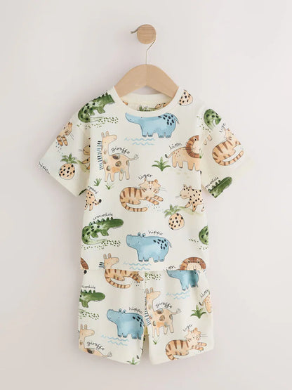 |Boy| Conjunto De 3 Pijamas Curtos Com Estampa Animal Nas Cores Marrom, Creme e Verde-sálvia (9 meses a 8 anos)