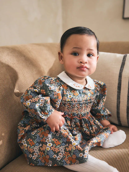 |BabyGirl| Conjunto De 3 Peças Para Bebê: Vestido De Tecido Floral Azul, Calcinha e Meias (0 meses a 2 anos)