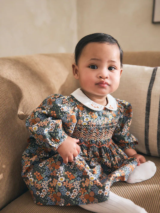|BabyGirl| Conjunto De 3 Peças Para Bebê: Vestido De Tecido Floral Azul, Calcinha e Meias (0 meses a 2 anos)