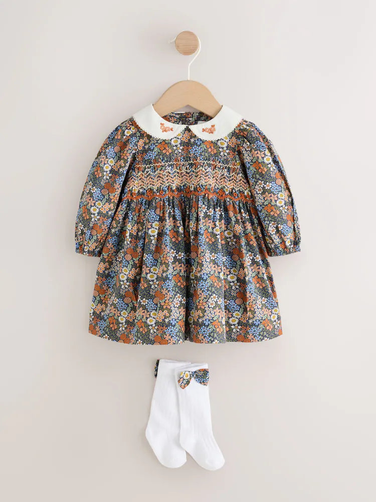 |BabyGirl| Conjunto De 3 Peças Para Bebê: Vestido De Tecido Floral Azul, Calcinha e Meias (0 meses a 2 anos)