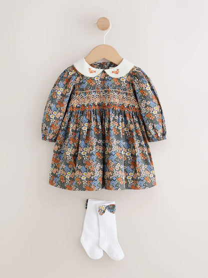 |BabyGirl| Conjunto De 3 Peças Para Bebê: Vestido De Tecido Floral Azul, Calcinha e Meias (0 meses a 2 anos)