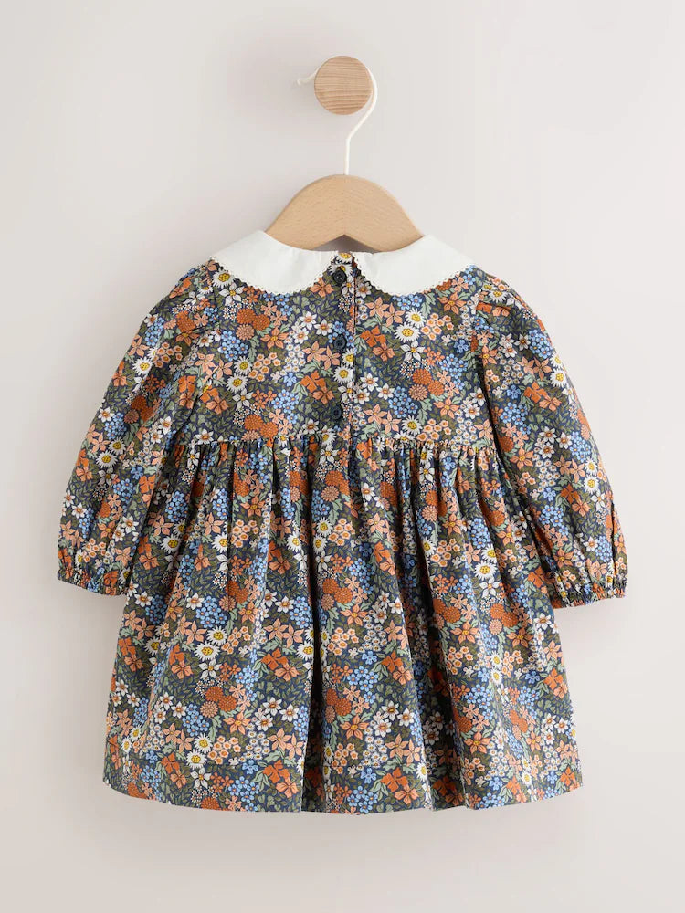 |BabyGirl| Conjunto De 3 Peças Para Bebê: Vestido De Tecido Floral Azul, Calcinha e Meias (0 meses a 2 anos)