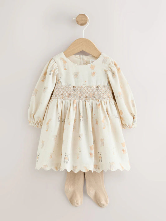 |BabyGirl| Conjunto De 2 Peças: Vestido Tipo Bata Com Estampa De Animais e Meia-Calça, Cor cru (0 meses a 2 anos)