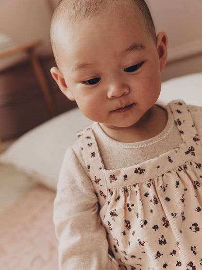 |BabyGirl| Conjunto De 3 Peças: Vestido Jardineira De Veludo Cotelê Floral (Cor Crua), Body De Manga Longa e Meia-Calça