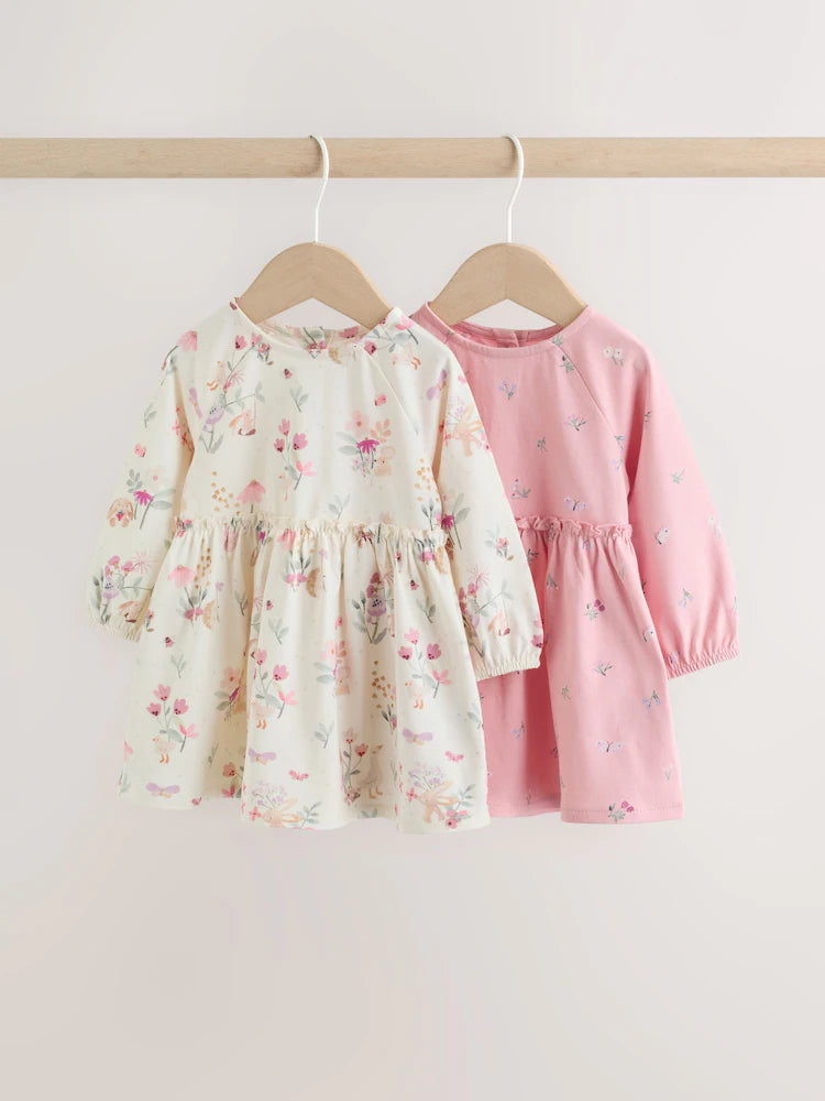 |BabyGirl| Kit com 2 Vestidos de Malha para Bebé com Estampado Floral Rosa (0 meses a 2 anos)
