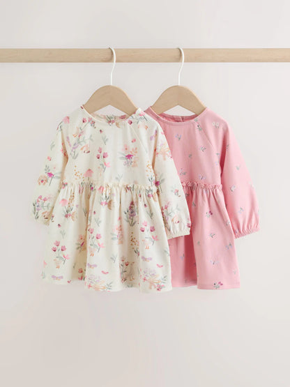 |BabyGirl| Kit com 2 Vestidos de Malha para Bebé com Estampado Floral Rosa (0 meses a 2 anos)