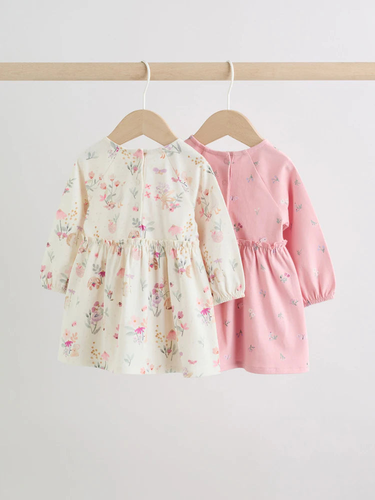 |BabyGirl| Kit com 2 Vestidos de Malha para Bebé com Estampado Floral Rosa (0 meses a 2 anos)
