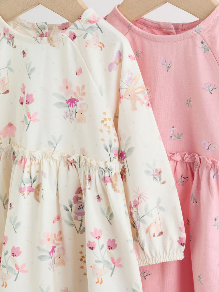 |BabyGirl| Kit com 2 Vestidos de Malha para Bebé com Estampado Floral Rosa (0 meses a 2 anos)