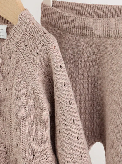 |BabyGirl| Conjunto De 2 Peças Para Bebê: Casaquinho De Tricô Marrom-Chocolate Com Babados e laço + legging (0 meses a 2 anos)