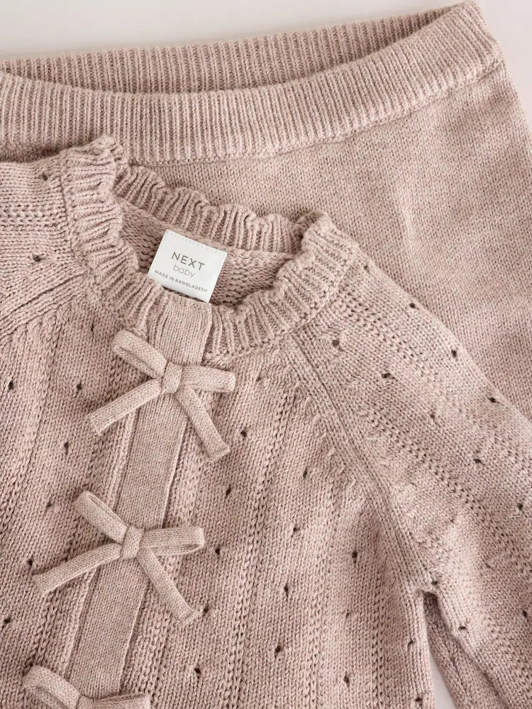 |BabyGirl| Conjunto De 2 Peças Para Bebê: Casaquinho De Tricô Marrom-Chocolate Com Babados e laço + legging (0 meses a 2 anos)
