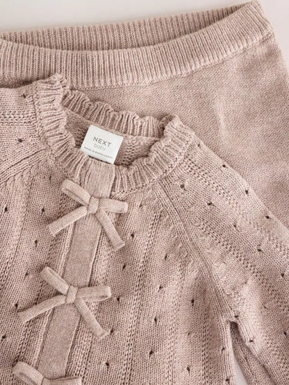 |BabyGirl| Conjunto De 2 Peças Para Bebê: Casaquinho De Tricô Marrom-Chocolate Com Babados e laço + legging (0 meses a 2 anos)