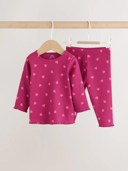 |BabyGirl| Conjunto De 2 Peças Para Bebê: Blusa Canelada Com Estampa De Corações e Legging (0 meses a 2 anos)