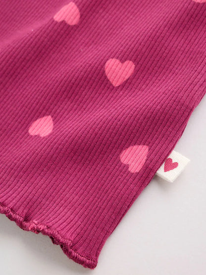 |BabyGirl| Conjunto De 2 Peças Para Bebê: Blusa Canelada Com Estampa De Corações e Legging (0 meses a 2 anos)