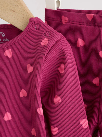 |BabyGirl| Conjunto De 2 Peças Para Bebê: Blusa Canelada Com Estampa De Corações e Legging (0 meses a 2 anos)
