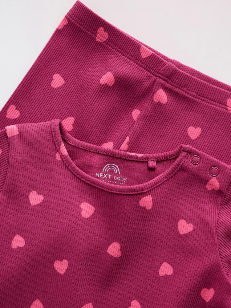 |BabyGirl| Conjunto De 2 Peças Para Bebê: Blusa Canelada Com Estampa De Corações e Legging (0 meses a 2 anos)