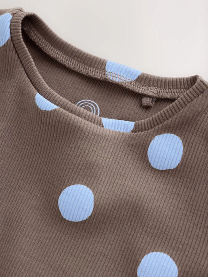|BabyGirl| Conjunto De 2 Peças Para Bebê: Blusa Canelada e Legging (marrom-chocolate com estampa de bolinhas) – 0 meses a 2 anos