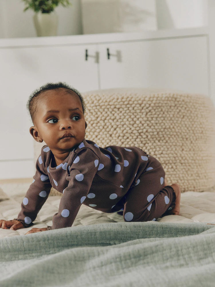 |BabyGirl| Conjunto De 2 Peças Para Bebê: Blusa Canelada e Legging (marrom-chocolate com estampa de bolinhas) – 0 meses a 2 anos