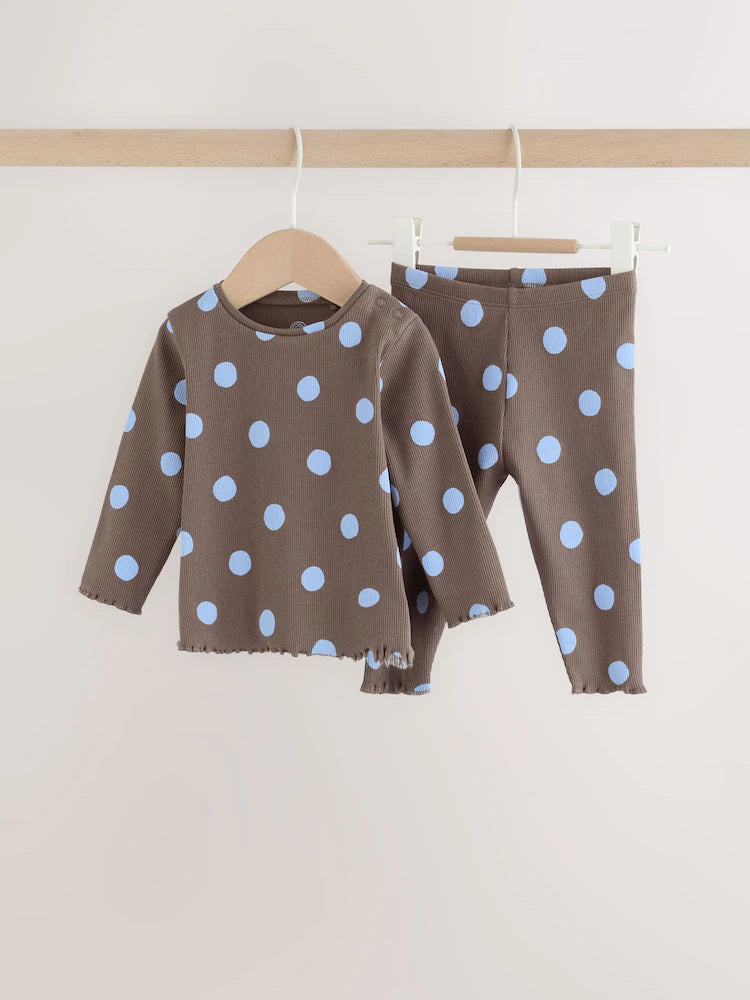 |BabyGirl| Conjunto De 2 Peças Para Bebê: Blusa Canelada e Legging (marrom-chocolate com estampa de bolinhas) – 0 meses a 2 anos