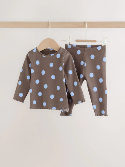 |BabyGirl| Conjunto De 2 Peças Para Bebê: Blusa Canelada e Legging (marrom-chocolate com estampa de bolinhas) – 0 meses a 2 anos