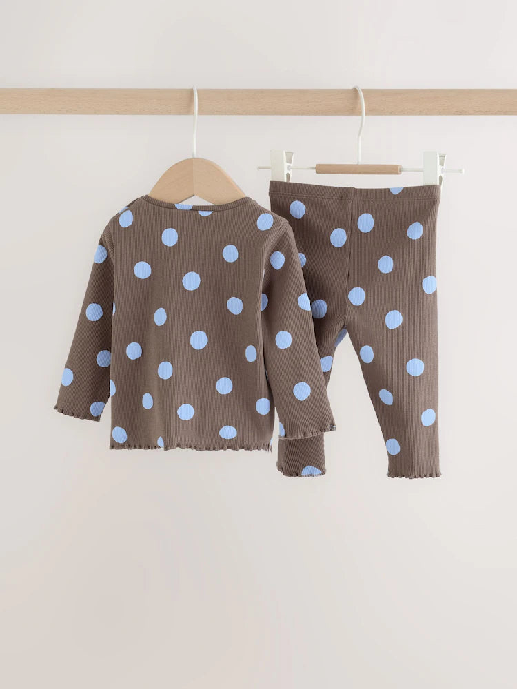 |BabyGirl| Conjunto De 2 Peças Para Bebê: Blusa Canelada e Legging (marrom-chocolate com estampa de bolinhas) – 0 meses a 2 anos