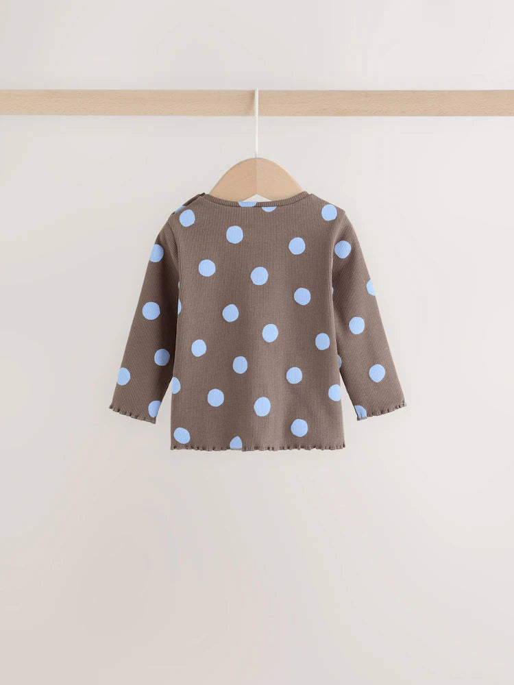 |BabyGirl| Conjunto De 2 Peças Para Bebê: Blusa Canelada e Legging (marrom-chocolate com estampa de bolinhas) – 0 meses a 2 anos