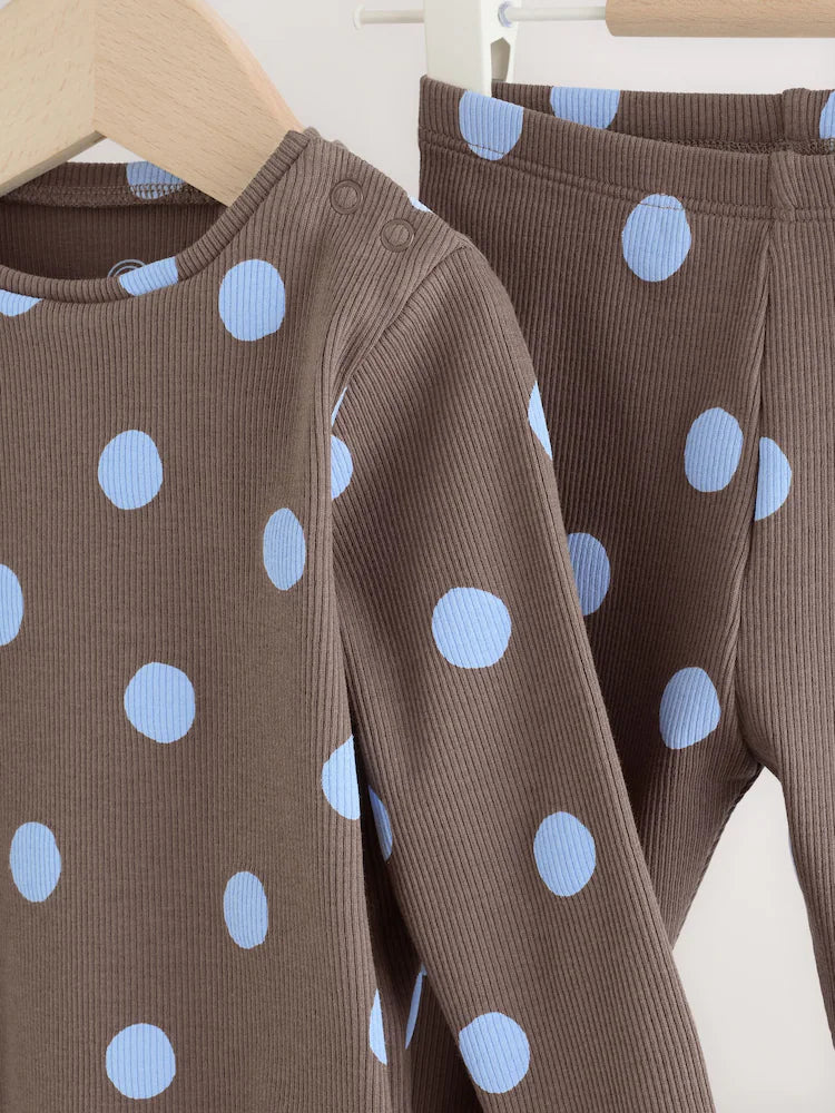 |BabyGirl| Conjunto De 2 Peças Para Bebê: Blusa Canelada e Legging (marrom-chocolate com estampa de bolinhas) – 0 meses a 2 anos