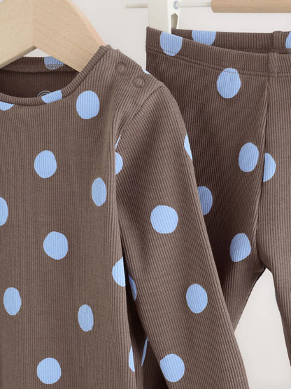 |BabyGirl| Conjunto De 2 Peças Para Bebê: Blusa Canelada e Legging (marrom-chocolate com estampa de bolinhas) – 0 meses a 2 anos