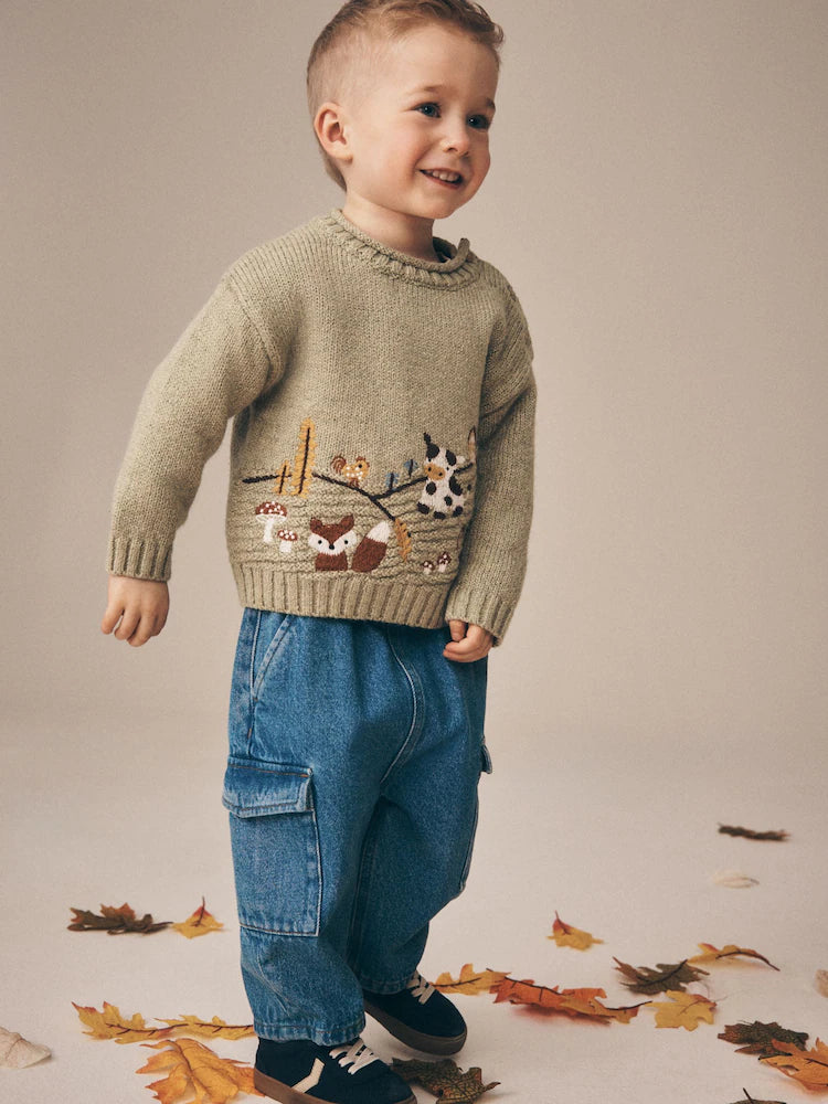 |Boy| Suéter de Tricô Gola Careca com Estampa de Personagem de Fazenda – Verde-Sálvia (3 meses a 7 anos)