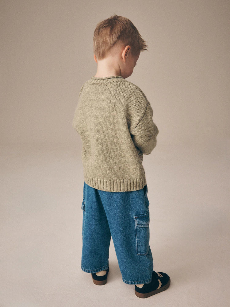 |Boy| Suéter de Tricô Gola Careca com Estampa de Personagem de Fazenda – Verde-Sálvia (3 meses a 7 anos)
