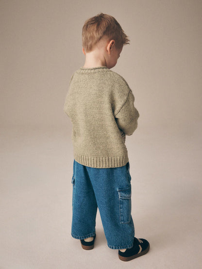 |Boy| Suéter de Tricô Gola Careca com Estampa de Personagem de Fazenda – Verde-Sálvia (3 meses a 7 anos)