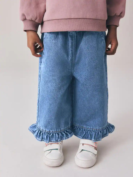 |Girl| Calça Jeans Wide Leg com Barra Babada (3 meses a 7 anos)
