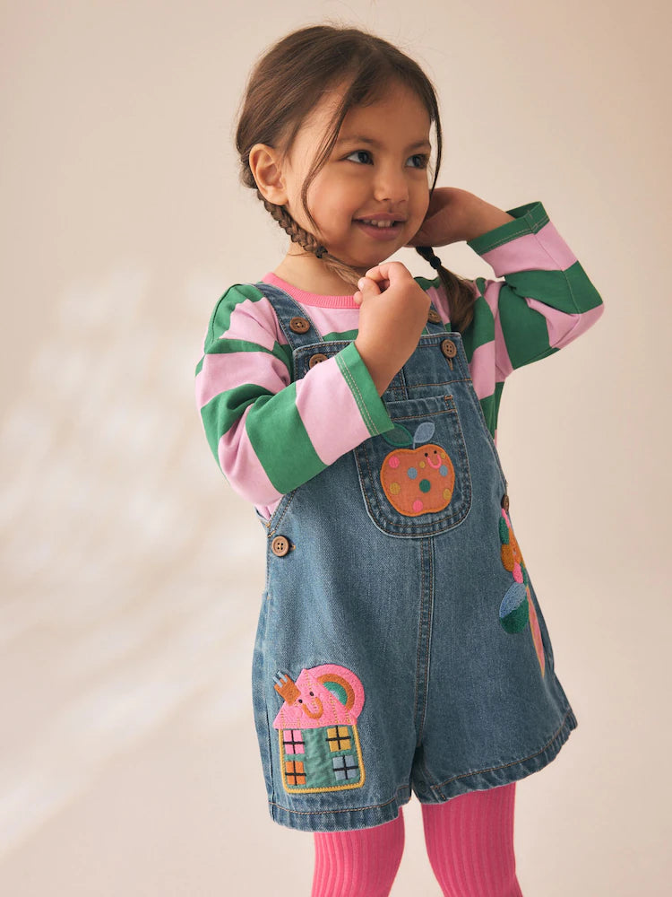 |Girl| Conjunto De Jardineira, Camiseta Listrada e Meia-calça (3 meses a 7 anos)