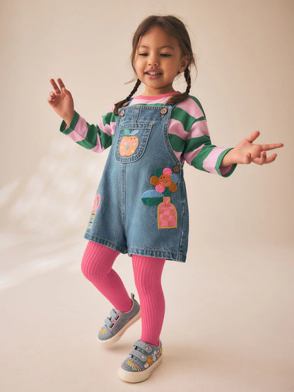 |Girl| Conjunto De Jardineira, Camiseta Listrada e Meia-calça (3 meses a 7 anos)