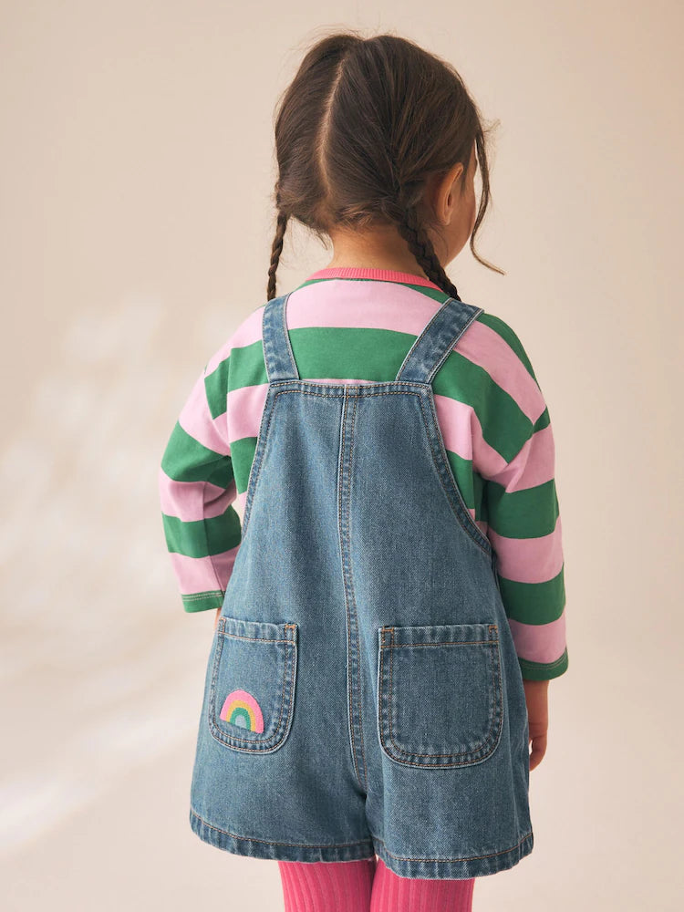|Girl| Conjunto De Jardineira, Camiseta Listrada e Meia-calça (3 meses a 7 anos)