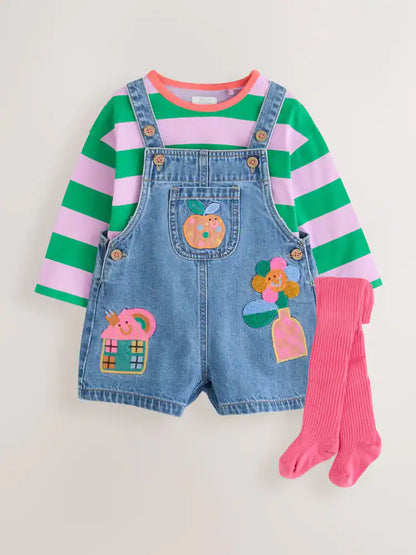 |Girl| Conjunto De Jardineira, Camiseta Listrada e Meia-calça (3 meses a 7 anos)