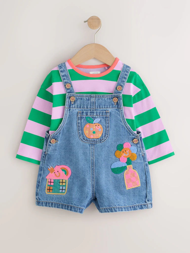 |Girl| Conjunto De Jardineira, Camiseta Listrada e Meia-calça (3 meses a 7 anos)