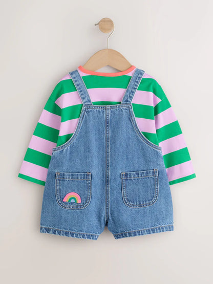 |Girl| Conjunto De Jardineira, Camiseta Listrada e Meia-calça (3 meses a 7 anos)