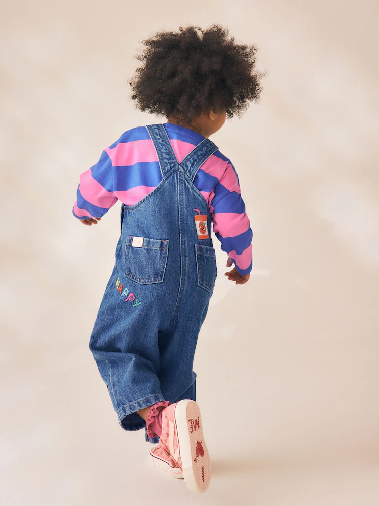|Girl| Conjunto de Jardineira Jeans Bordada com Listras Azuis/Rosas (3 meses a 7 anos)