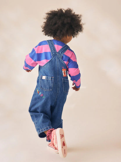 |Girl| Conjunto de Jardineira Jeans Bordada com Listras Azuis/Rosas (3 meses a 7 anos)
