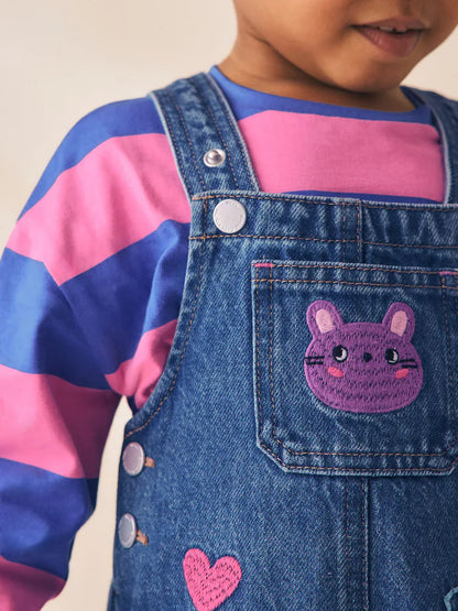 |Girl| Conjunto de Jardineira Jeans Bordada com Listras Azuis/Rosas (3 meses a 7 anos)