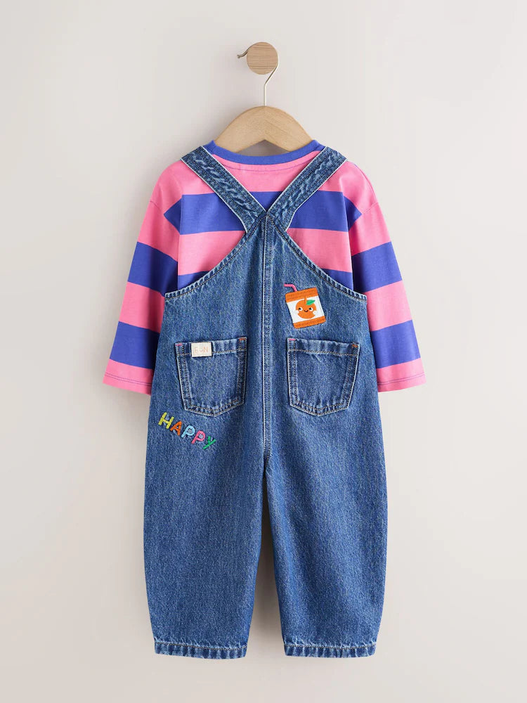 |Girl| Conjunto de Jardineira Jeans Bordada com Listras Azuis/Rosas (3 meses a 7 anos)