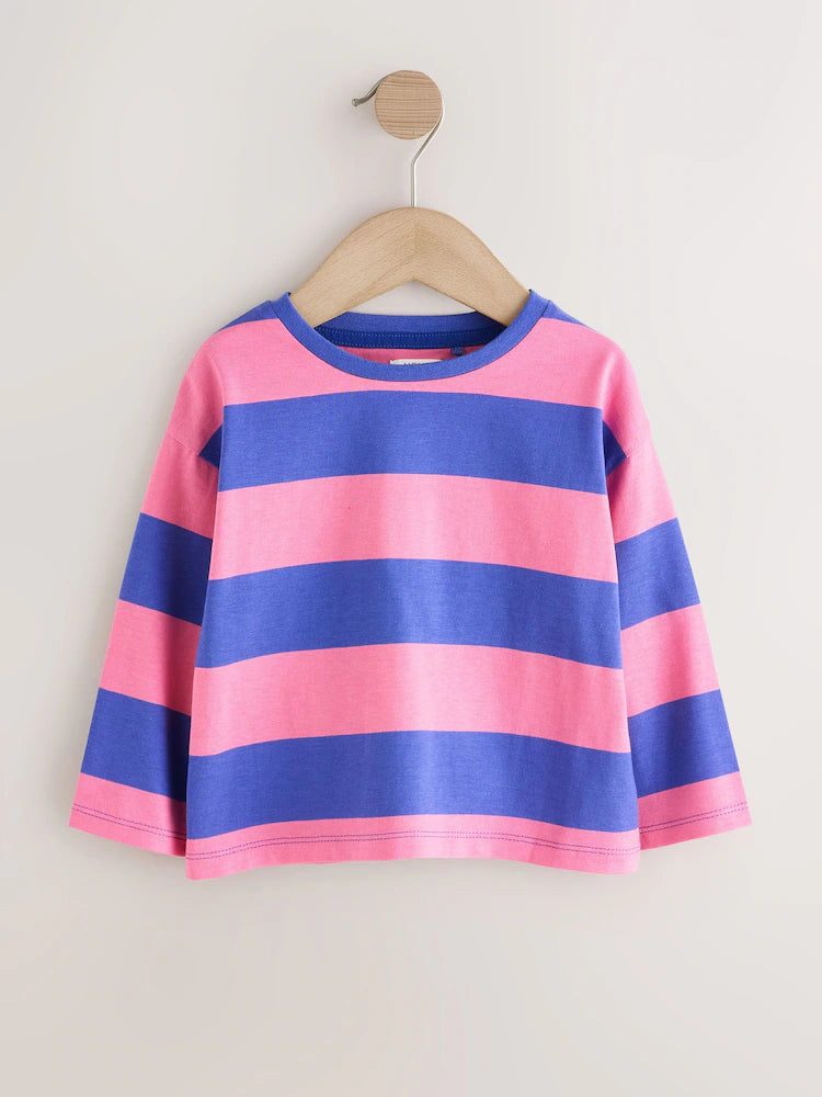 |Girl| Conjunto de Jardineira Jeans Bordada com Listras Azuis/Rosas (3 meses a 7 anos)