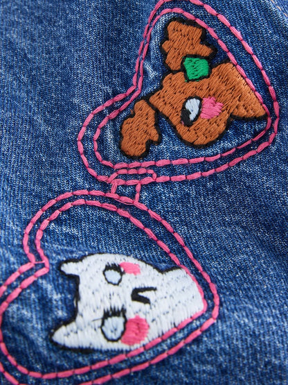 |Girl| Conjunto de Jardineira Jeans Bordada com Listras Azuis/Rosas (3 meses a 7 anos)