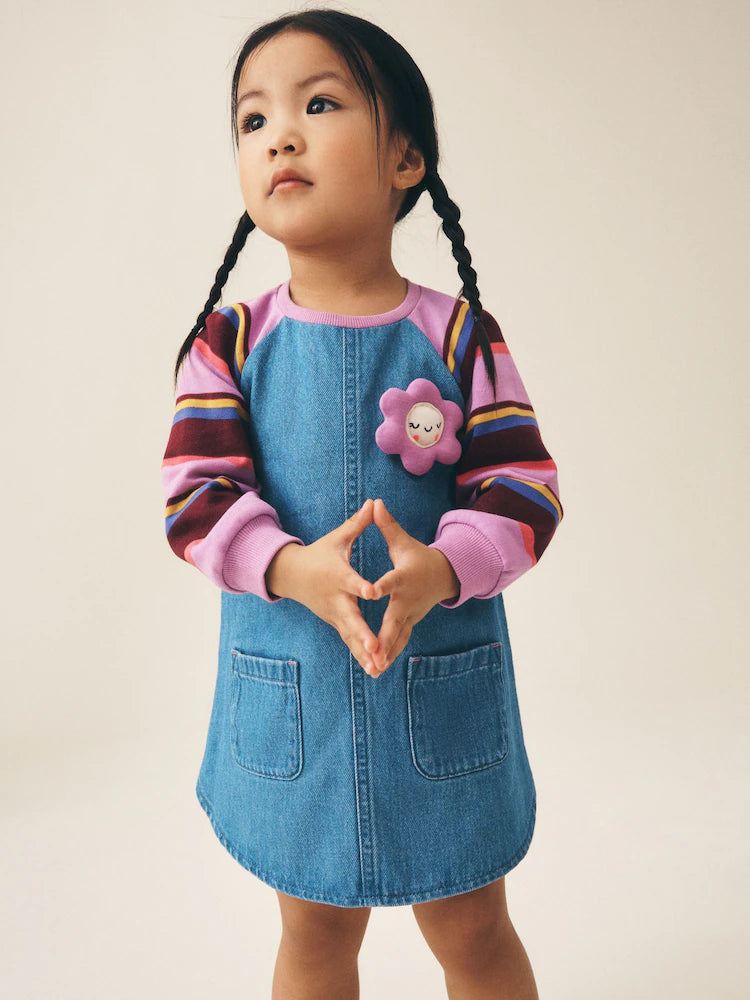 |Girl| Vestido Jeans Raglan com Listras Roxas (3 meses a 8 anos)
