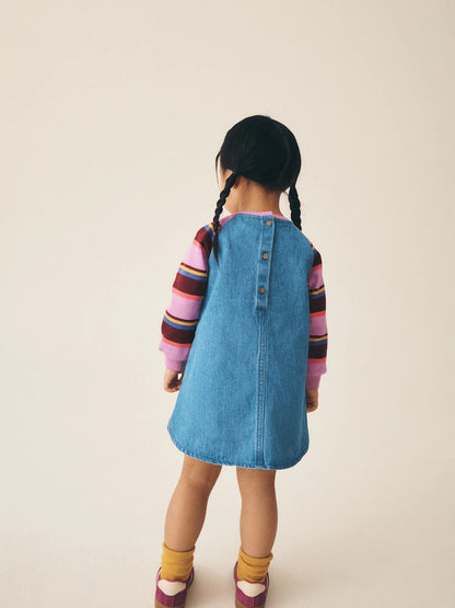 |Girl| Vestido Jeans Raglan com Listras Roxas (3 meses a 8 anos)