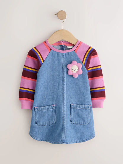 |Girl| Vestido Jeans Raglan com Listras Roxas (3 meses a 8 anos)